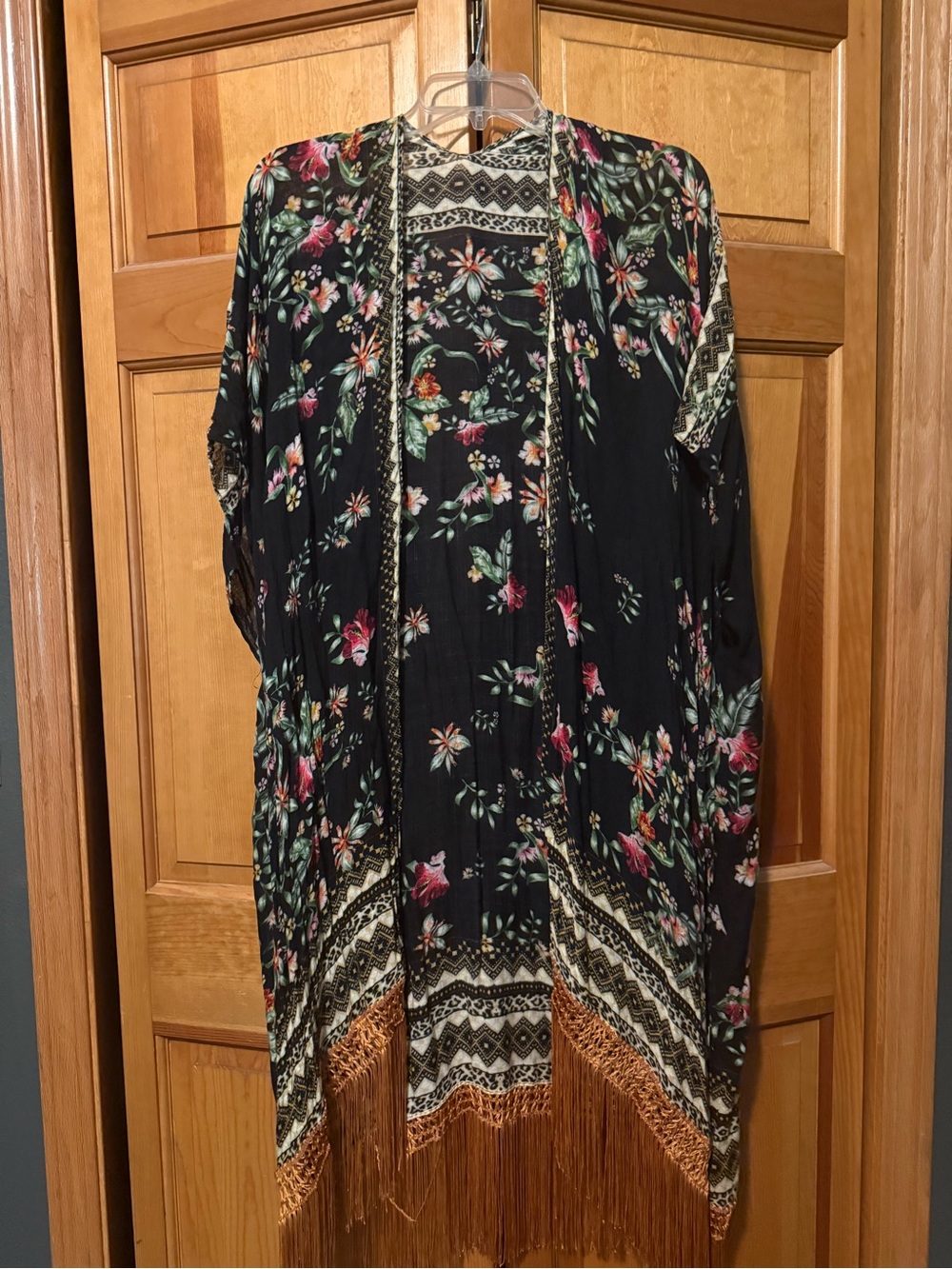 Floral Black Fringe Kimono Cardigan